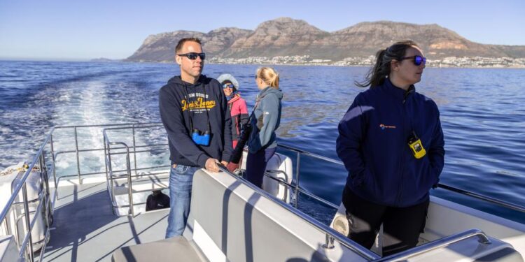 Tourists enjoy a whale and dolphin-watching trip in Cape Town, South Africa, on July 25, 2022. (Photo by Fred Barker/Xinhua)